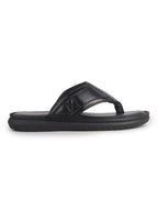 Men Black Genuine Leather T-Strap EVA Sole Slip On Slippers|Side Stitched Thong Sandals|Memory Cushioned Insole