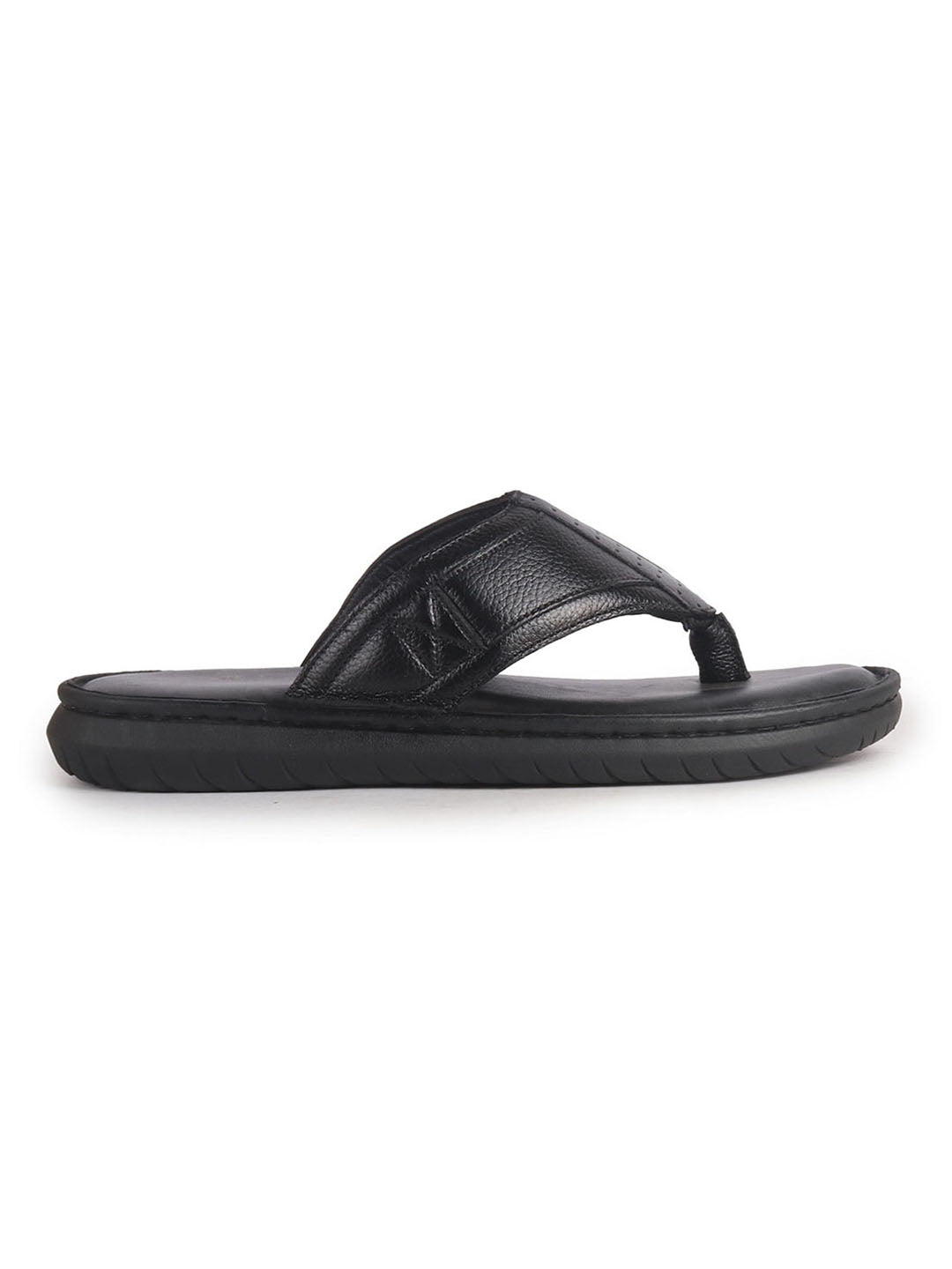 Men Black Genuine Leather T-Strap EVA Sole Slip On Slippers|Side Stitched Thong Sandals|Memory Cushioned Insole