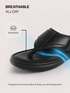 Men Black Genuine Leather T-Strap EVA Sole Slip On Slippers|Side Stitched Thong Sandals|Memory Cushioned Insole