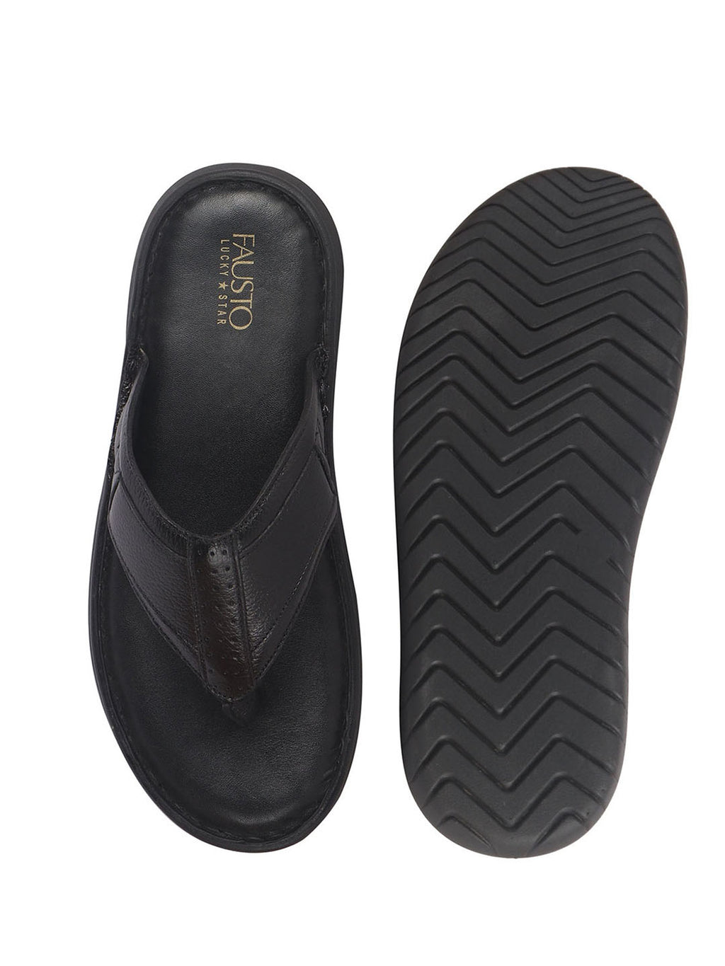Men Black Genuine Leather T-Strap EVA Sole Slip On Slippers|Side Stitched Thong Sandals|Memory Cushioned Insole