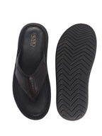 Men Black Genuine Leather T-Strap EVA Sole Slip On Slippers|Side Stitched Thong Sandals|Memory Cushioned Insole