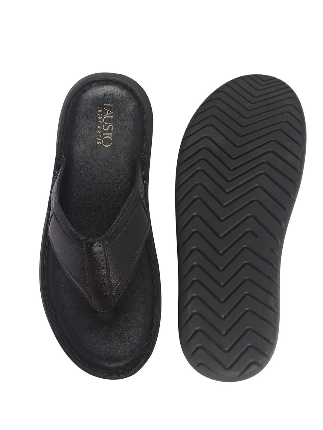 Men Black Genuine Leather T-Strap EVA Sole Slip On Slippers|Side Stitched Thong Sandals|Memory Cushioned Insole