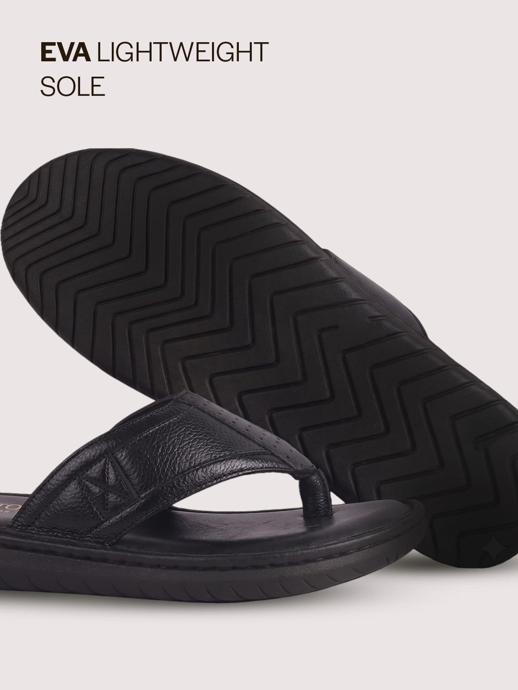 Men Black Genuine Leather T-Strap EVA Sole Slip On Slippers|Side Stitched Thong Sandals|Memory Cushioned Insole