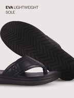 Men Black Genuine Leather T-Strap EVA Sole Slip On Slippers|Side Stitched Thong Sandals|Memory Cushioned Insole
