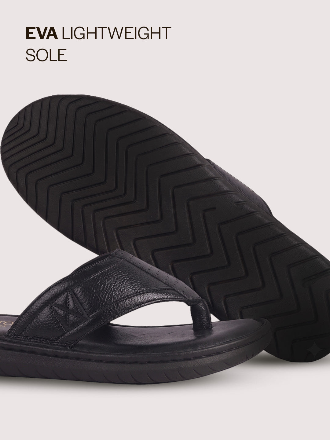Men Black Genuine Leather T-Strap EVA Sole Slip On Slippers|Side Stitched Thong Sandals|Memory Cushioned Insole