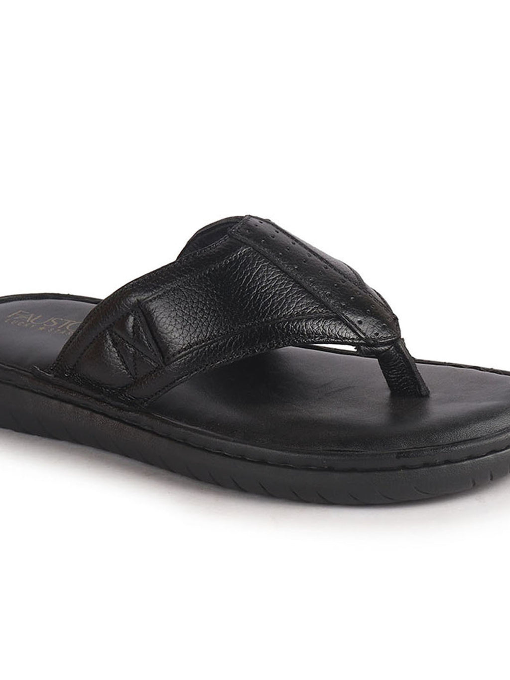 Men Black Genuine Leather T-Strap EVA Sole Slip On Slippers|Side Stitched Thong Sandals|Memory Cushioned Insole