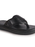 Men Black Genuine Leather T-Strap EVA Sole Slip On Slippers|Side Stitched Thong Sandals|Memory Cushioned Insole