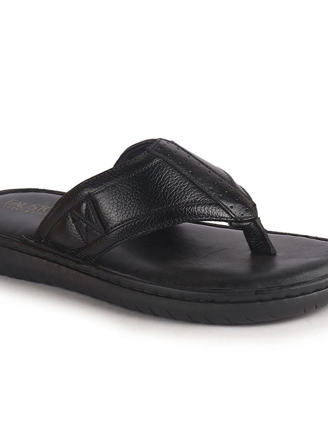 Men Black Genuine Leather T-Strap EVA Sole Slip On Slippers|Side Stitched Thong Sandals|Memory Cushioned Insole