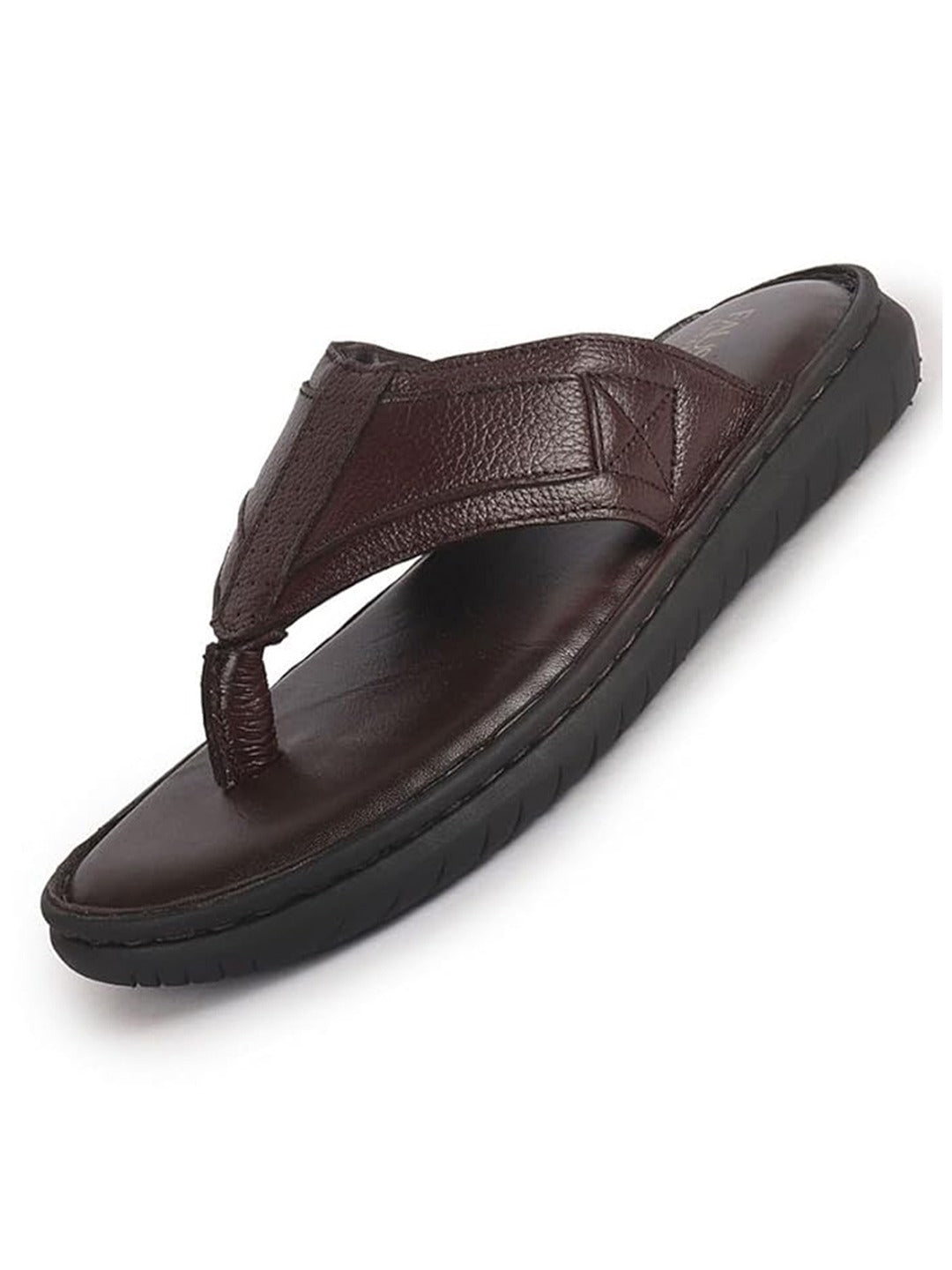 Men Brown Genuine Leather T-Strap EVA Sole Slip On Slippers|Side Stitched Thong Sandals|Memory Cushioned Insole