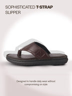 Men Brown Genuine Leather T-Strap EVA Sole Slip On Slippers|Side Stitched Thong Sandals|Memory Cushioned Insole
