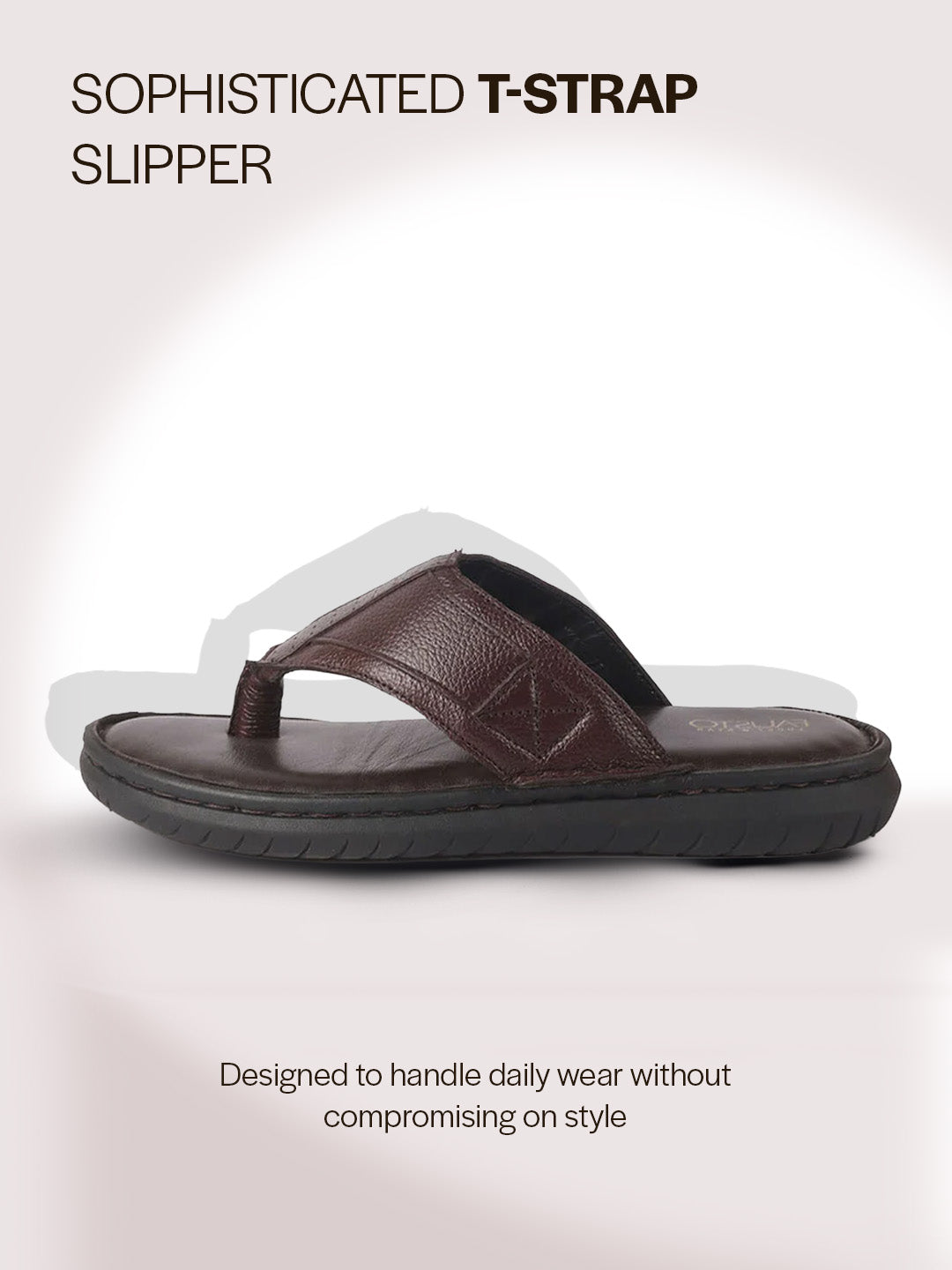 Men Brown Genuine Leather T-Strap EVA Sole Slip On Slippers|Side Stitched Thong Sandals|Memory Cushioned Insole