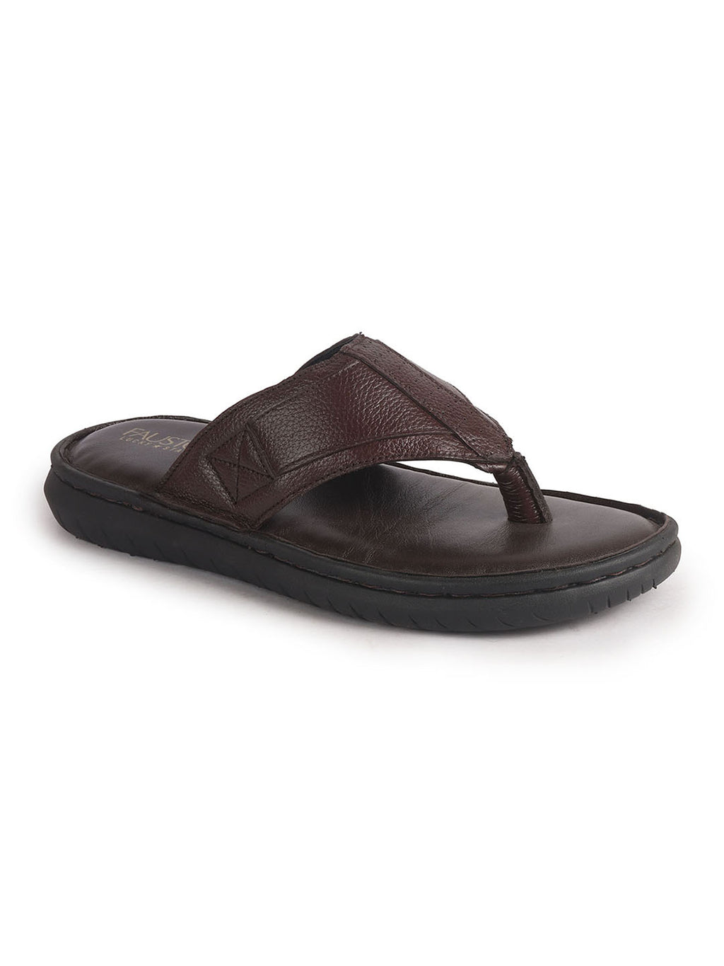 Men Brown Genuine Leather T-Strap EVA Sole Slip On Slippers|Side Stitched Thong Sandals|Memory Cushioned Insole