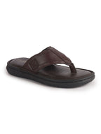 Men Brown Genuine Leather T-Strap EVA Sole Slip On Slippers|Side Stitched Thong Sandals|Memory Cushioned Insole