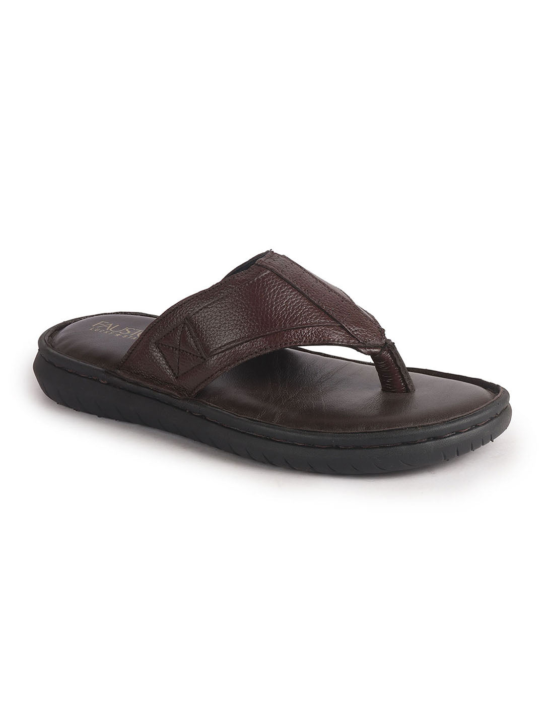 Men Brown Genuine Leather T-Strap EVA Sole Slip On Slippers|Side Stitched Thong Sandals|Memory Cushioned Insole