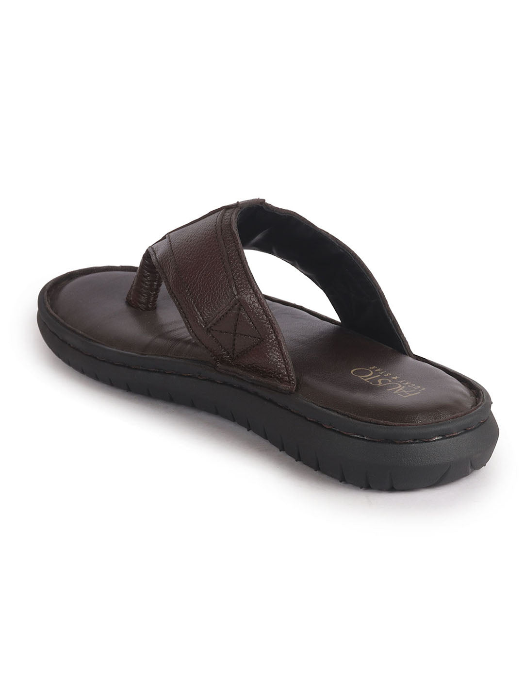Men Brown Genuine Leather T-Strap EVA Sole Slip On Slippers|Side Stitched Thong Sandals|Memory Cushioned Insole