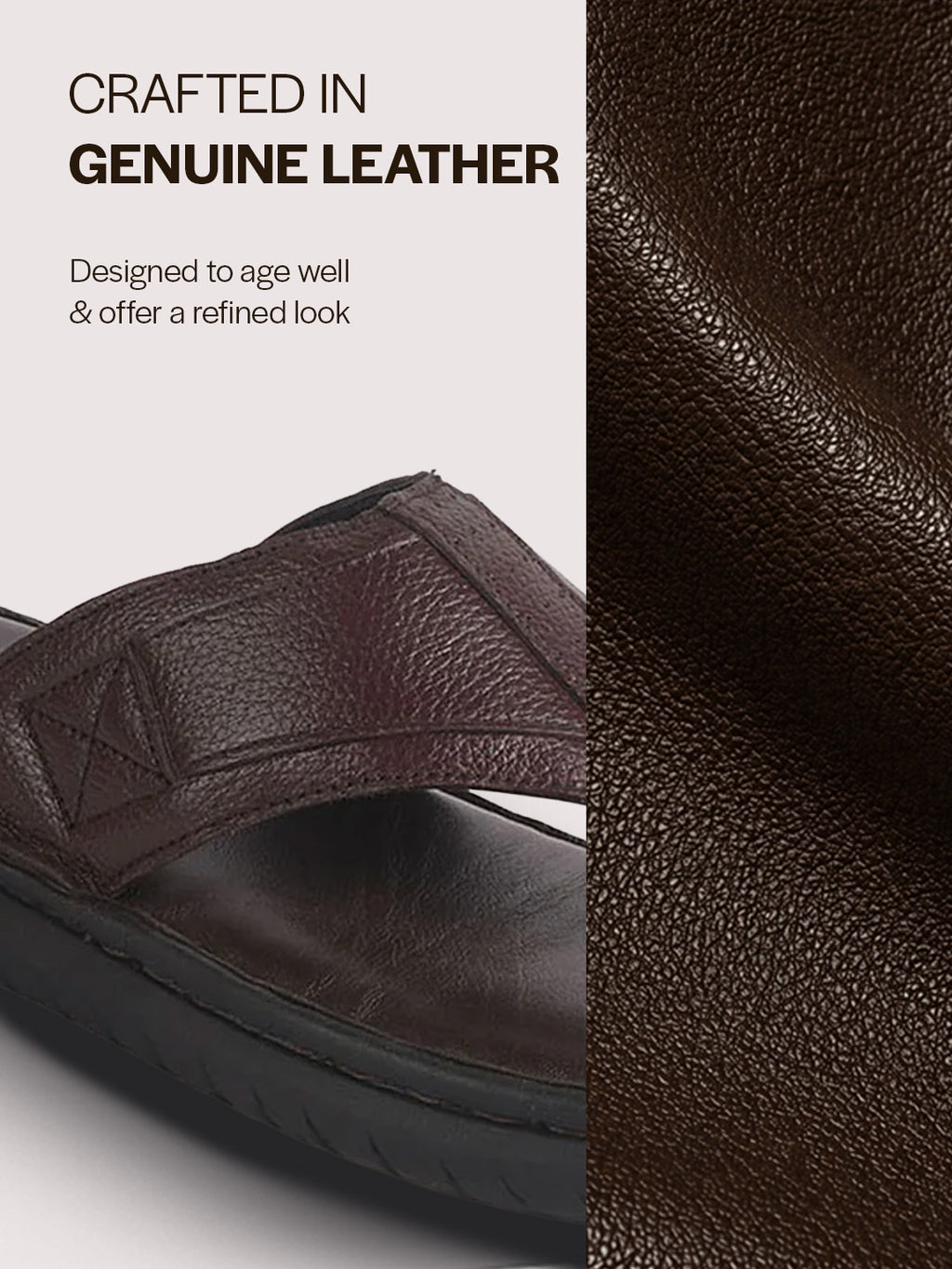 Men Brown Genuine Leather T-Strap EVA Sole Slip On Slippers|Side Stitched Thong Sandals|Memory Cushioned Insole