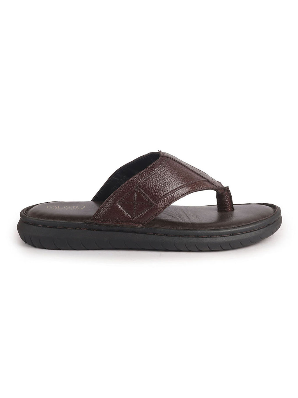Men Brown Genuine Leather T-Strap EVA Sole Slip On Slippers|Side Stitched Thong Sandals|Memory Cushioned Insole