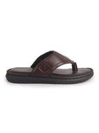 Men Brown Genuine Leather T-Strap EVA Sole Slip On Slippers|Side Stitched Thong Sandals|Memory Cushioned Insole