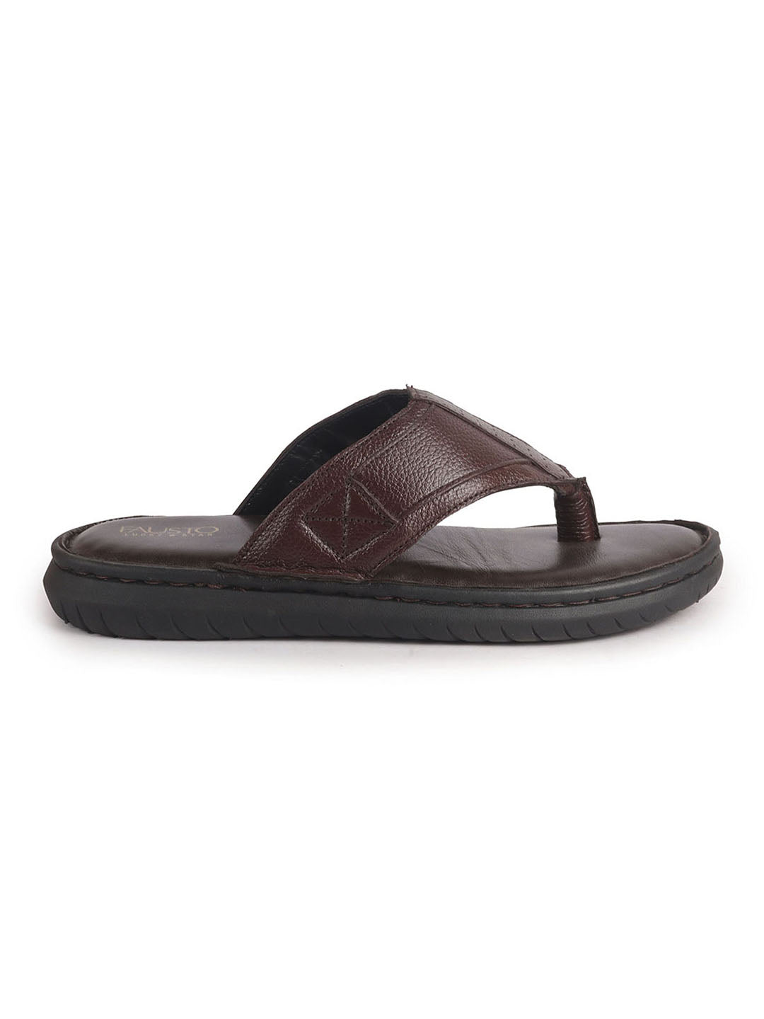 Men Brown Genuine Leather T-Strap EVA Sole Slip On Slippers|Side Stitched Thong Sandals|Memory Cushioned Insole