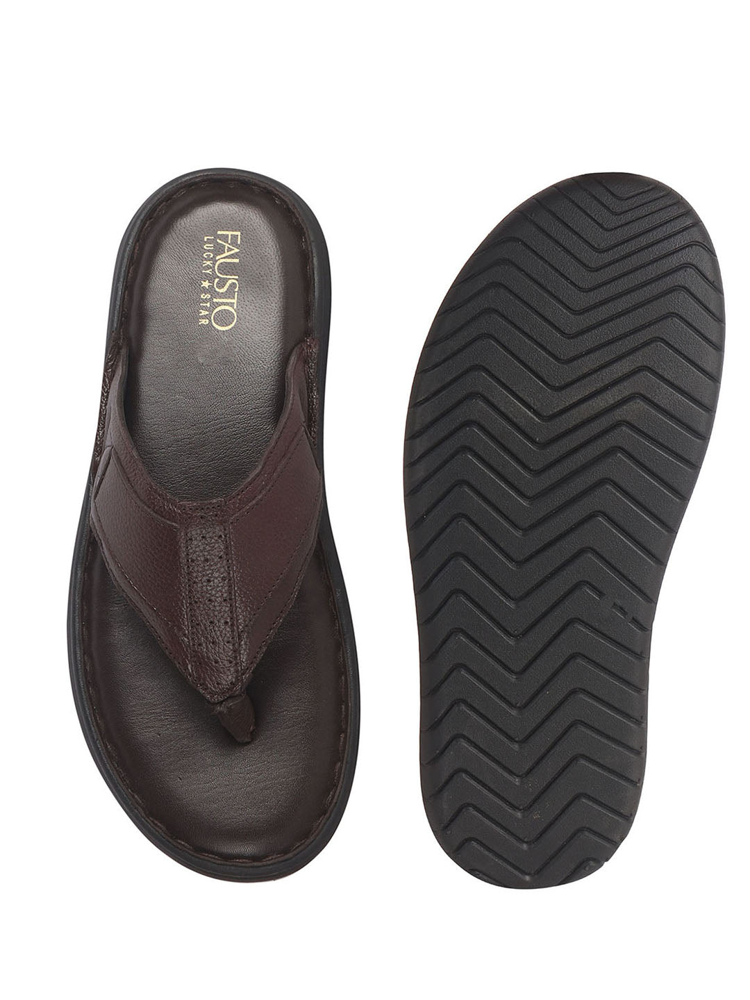 Men Brown Genuine Leather T-Strap EVA Sole Slip On Slippers|Side Stitched Thong Sandals|Memory Cushioned Insole