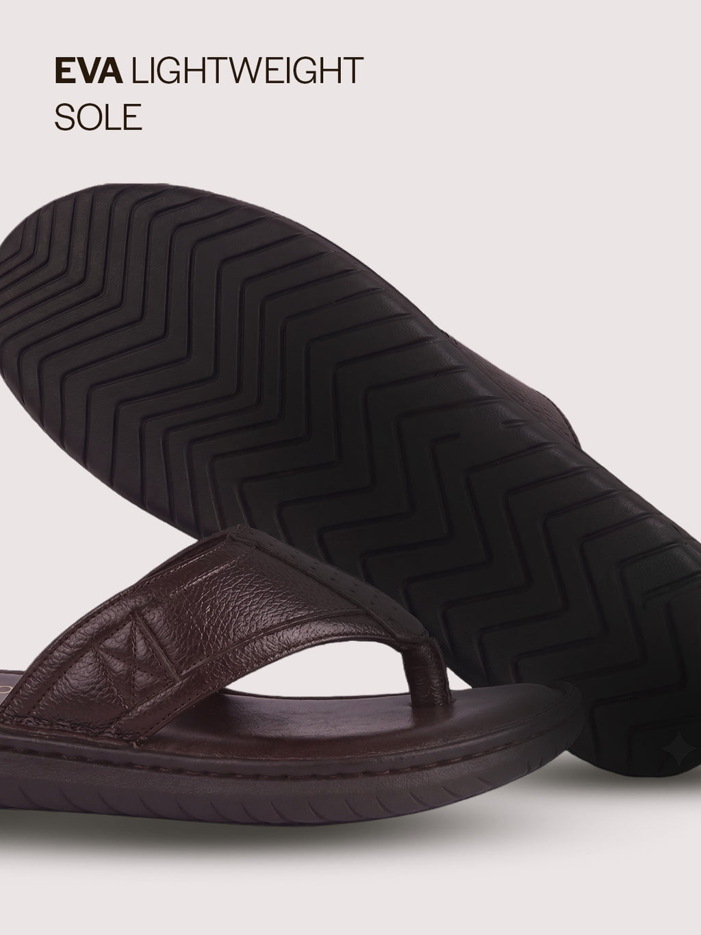 Men Brown Genuine Leather T-Strap EVA Sole Slip On Slippers|Side Stitched Thong Sandals|Memory Cushioned Insole