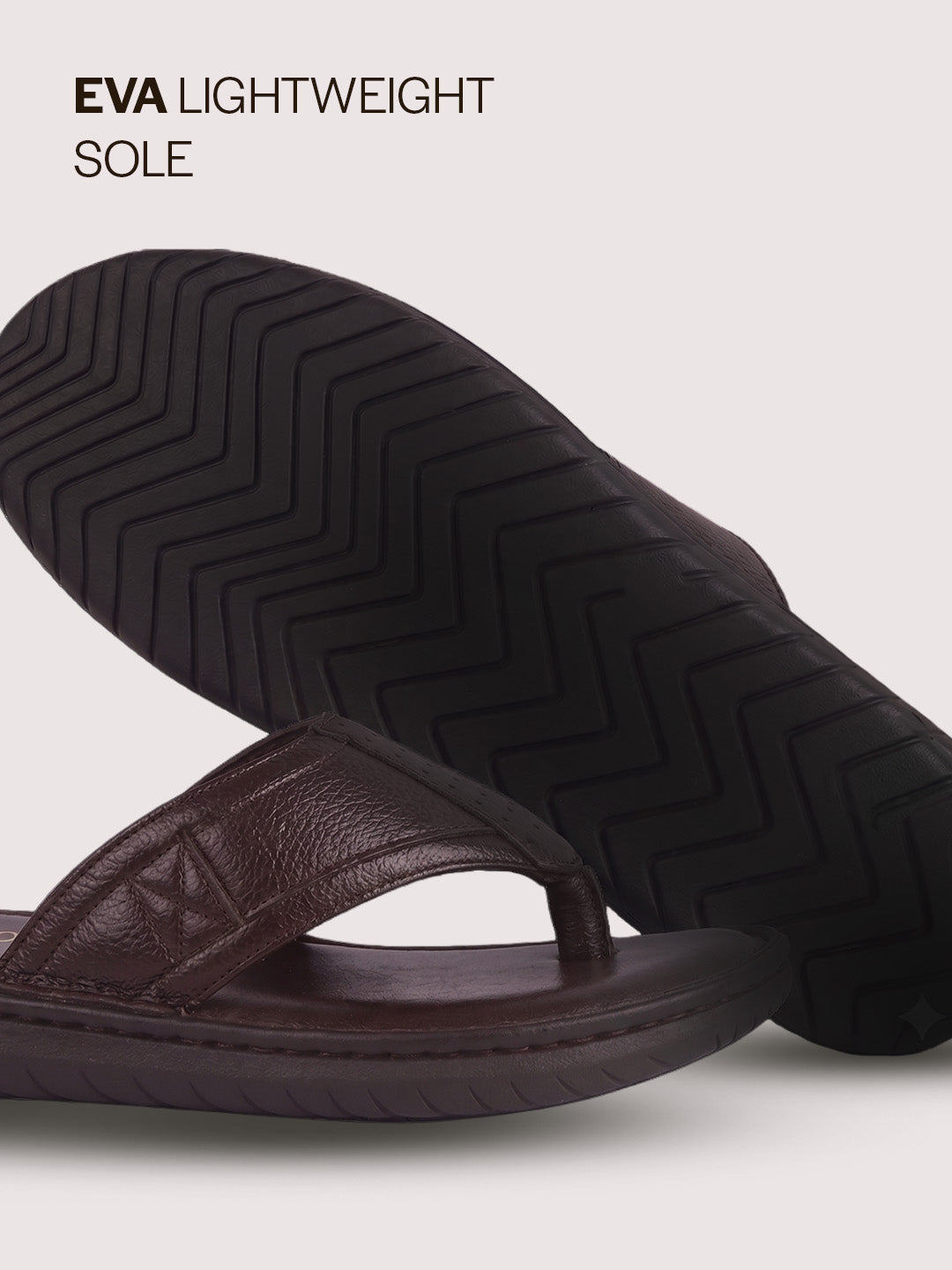 Men Brown Genuine Leather T-Strap EVA Sole Slip On Slippers|Side Stitched Thong Sandals|Memory Cushioned Insole