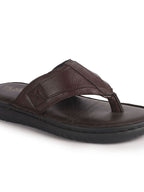 Men Brown Genuine Leather T-Strap EVA Sole Slip On Slippers|Side Stitched Thong Sandals|Memory Cushioned Insole