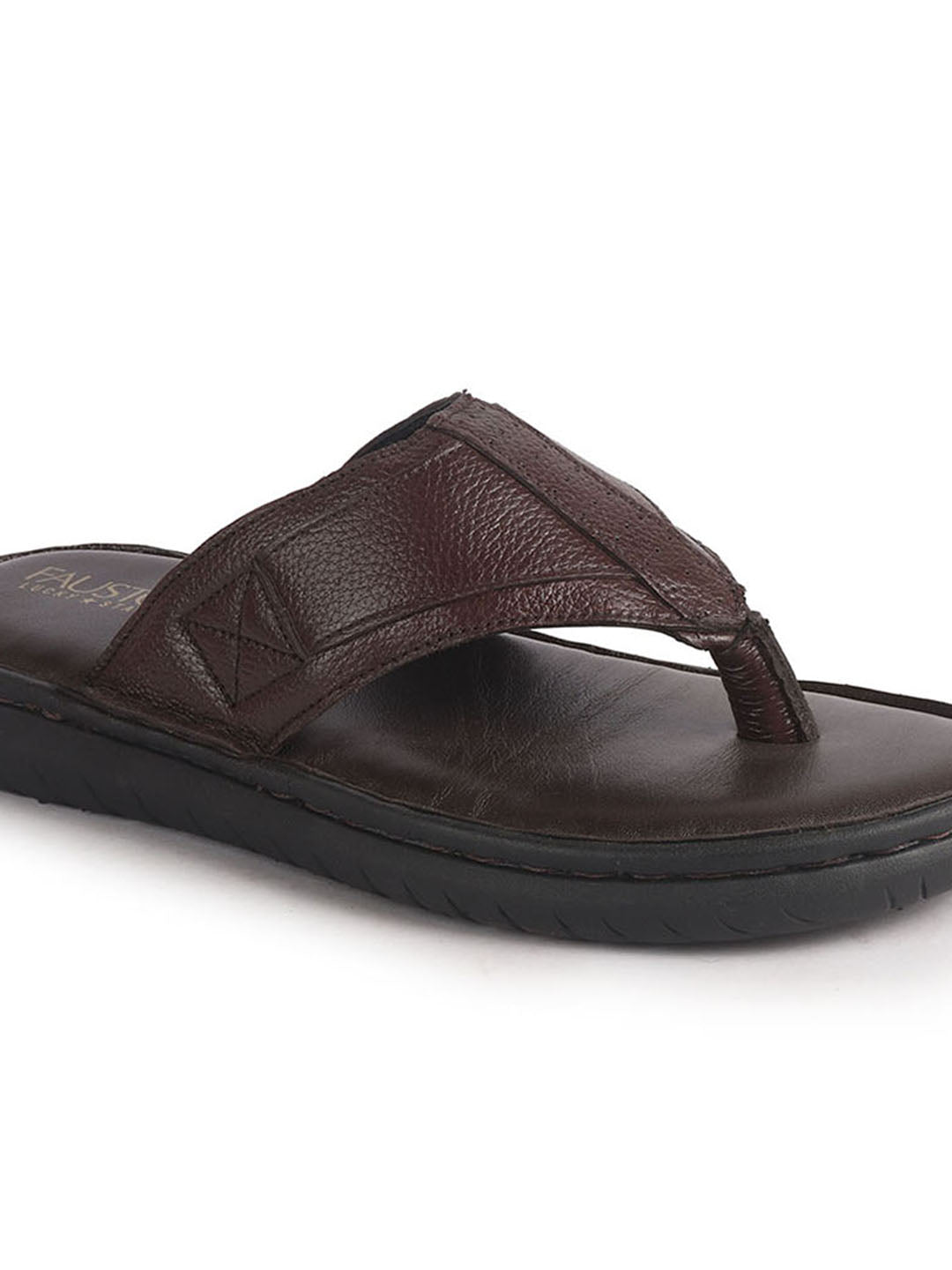 Men Brown Genuine Leather T-Strap EVA Sole Slip On Slippers|Side Stitched Thong Sandals|Memory Cushioned Insole