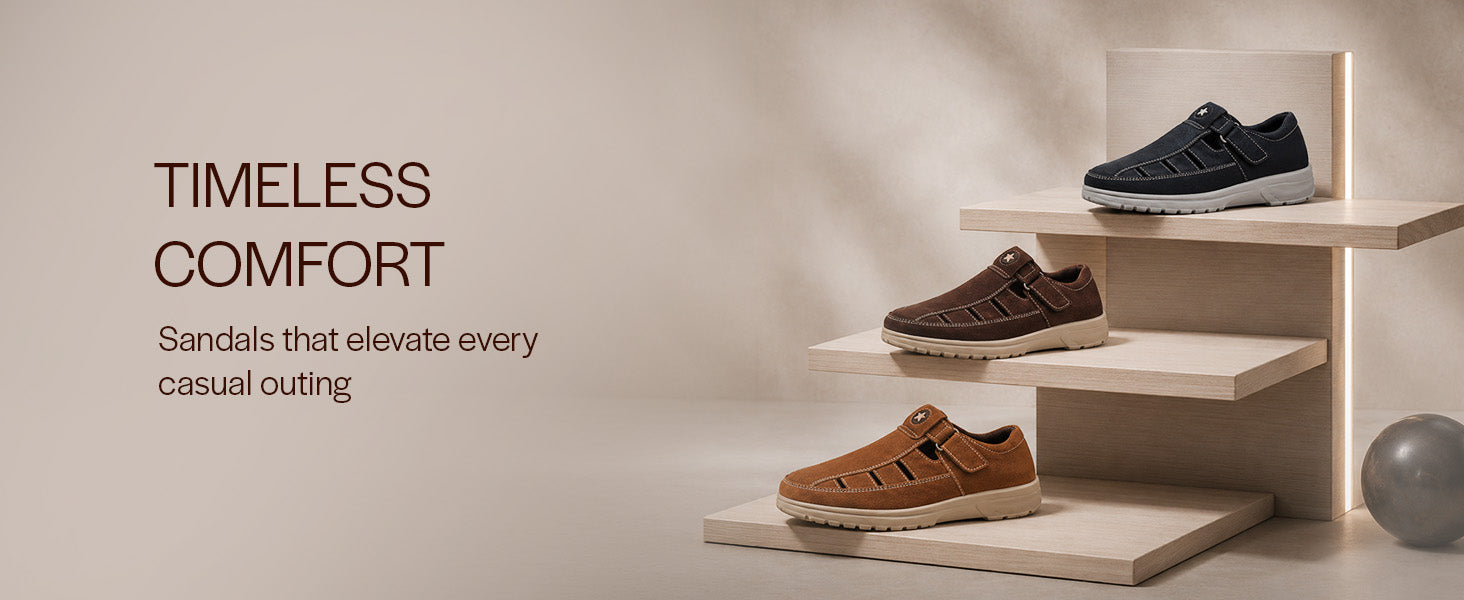 Men Brown Semi-Formal Suede Leather Breathable Shoe-Style Sandals|Roman Walking Sandals with Padded Cushion Footbed|Travel-Friendly, Office, Lightweight EVA Sole