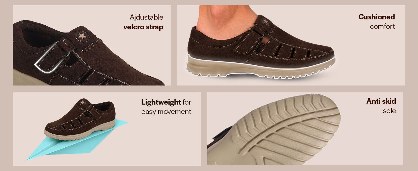 Men Brown Semi-Formal Suede Leather Breathable Shoe-Style Sandals|Roman Walking Sandals with Padded Cushion Footbed|Travel-Friendly, Office, Lightweight EVA Sole