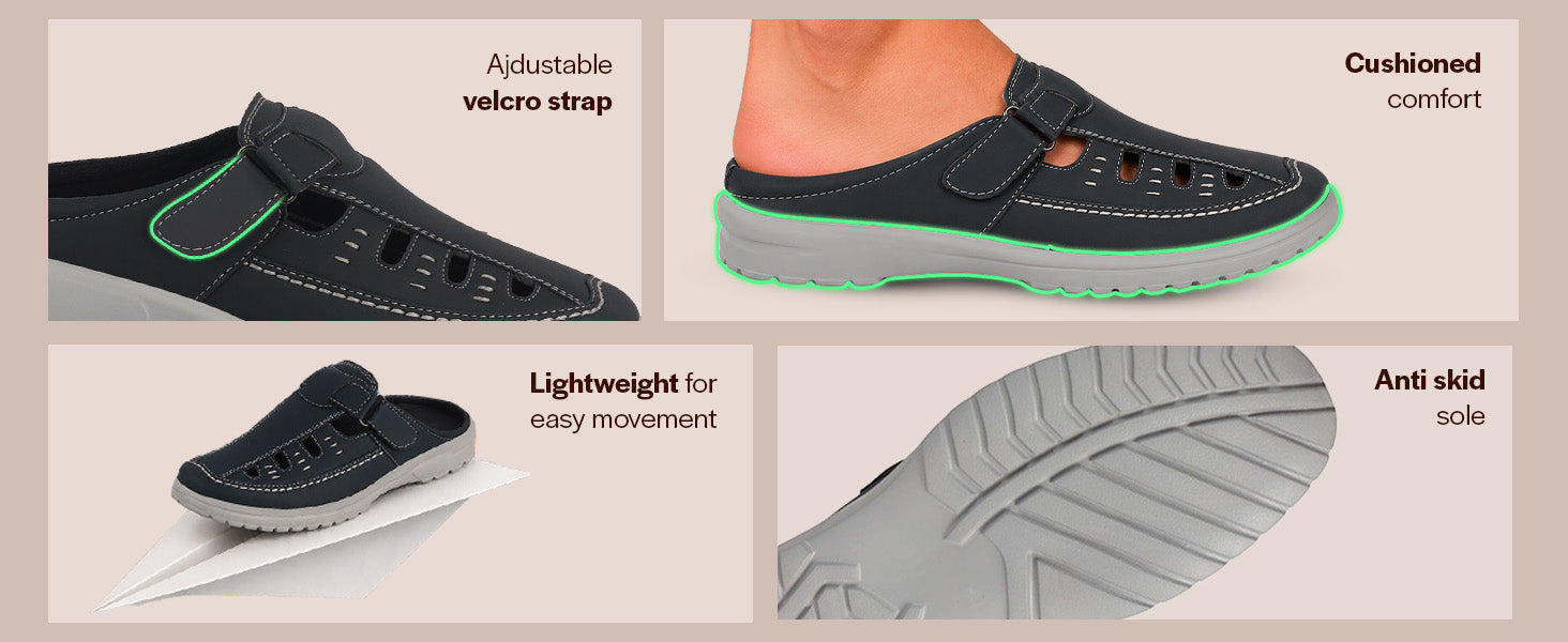 Men Black Casual Back Open Easy Slip-On Mules Sandals|Closed-Toe Casual Clogs with Orthopedic Support|Indoor & Outdoor Shoe Style Sandal with Adjustable Strap