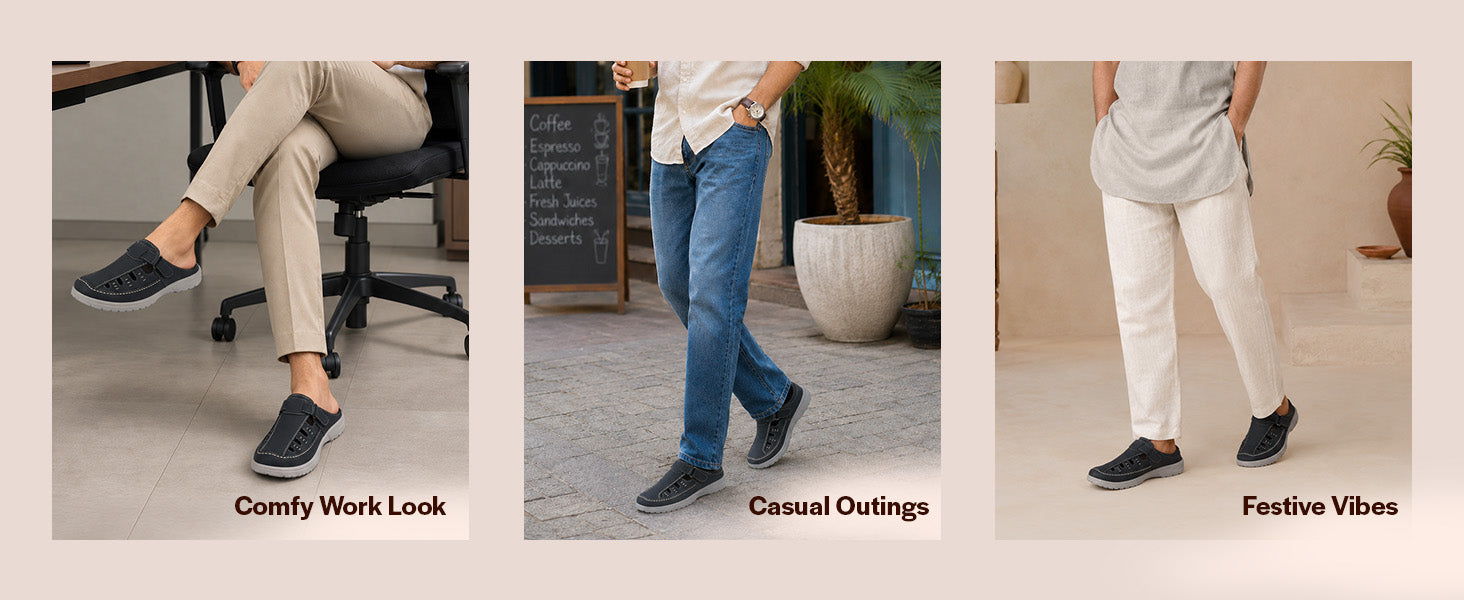Men Black Casual Back Open Easy Slip-On Mules Sandals|Closed-Toe Casual Clogs with Orthopedic Support|Indoor & Outdoor Shoe Style Sandal with Adjustable Strap