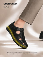 Men Black Genuine Leather Casual Hook & Loop Fisherman Sandals|Comfortable Walking Closed-Toe Summer Sandal with Breathable Cutouts|Perfect for Smart Casual, Sports, Traveling