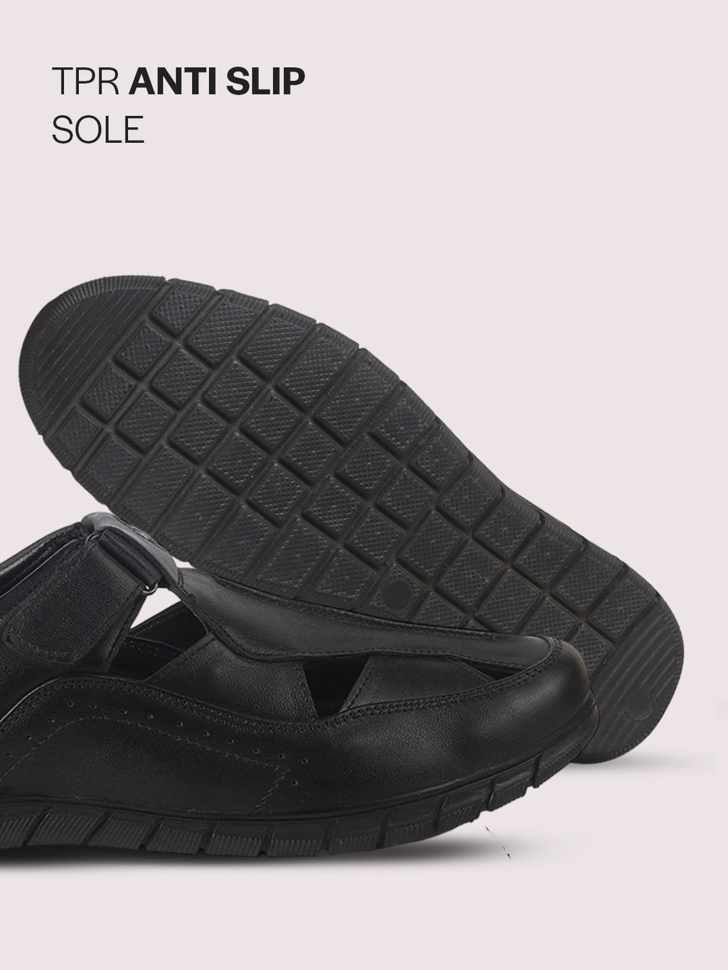 Men Black Genuine Leather Casual Hook & Loop Fisherman Sandals|Comfortable Walking Closed-Toe Summer Sandal with Breathable Cutouts|Perfect for Smart Casual, Sports, Traveling