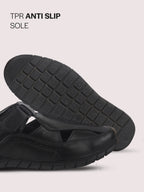 Men Black Genuine Leather Casual Hook & Loop Fisherman Sandals|Comfortable Walking Closed-Toe Summer Sandal with Breathable Cutouts|Perfect for Smart Casual, Sports, Traveling