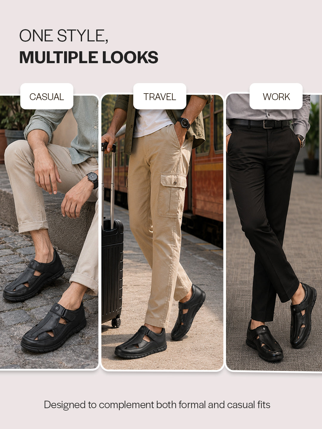 Men Black Genuine Leather Casual Hook & Loop Fisherman Sandals|Comfortable Walking Closed-Toe Summer Sandal with Breathable Cutouts|Perfect for Smart Casual, Sports, Traveling