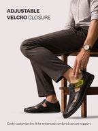 Men Black Genuine Leather Casual Hook & Loop Fisherman Sandals|Comfortable Walking Closed-Toe Summer Sandal with Breathable Cutouts|Perfect for Smart Casual, Sports, Traveling