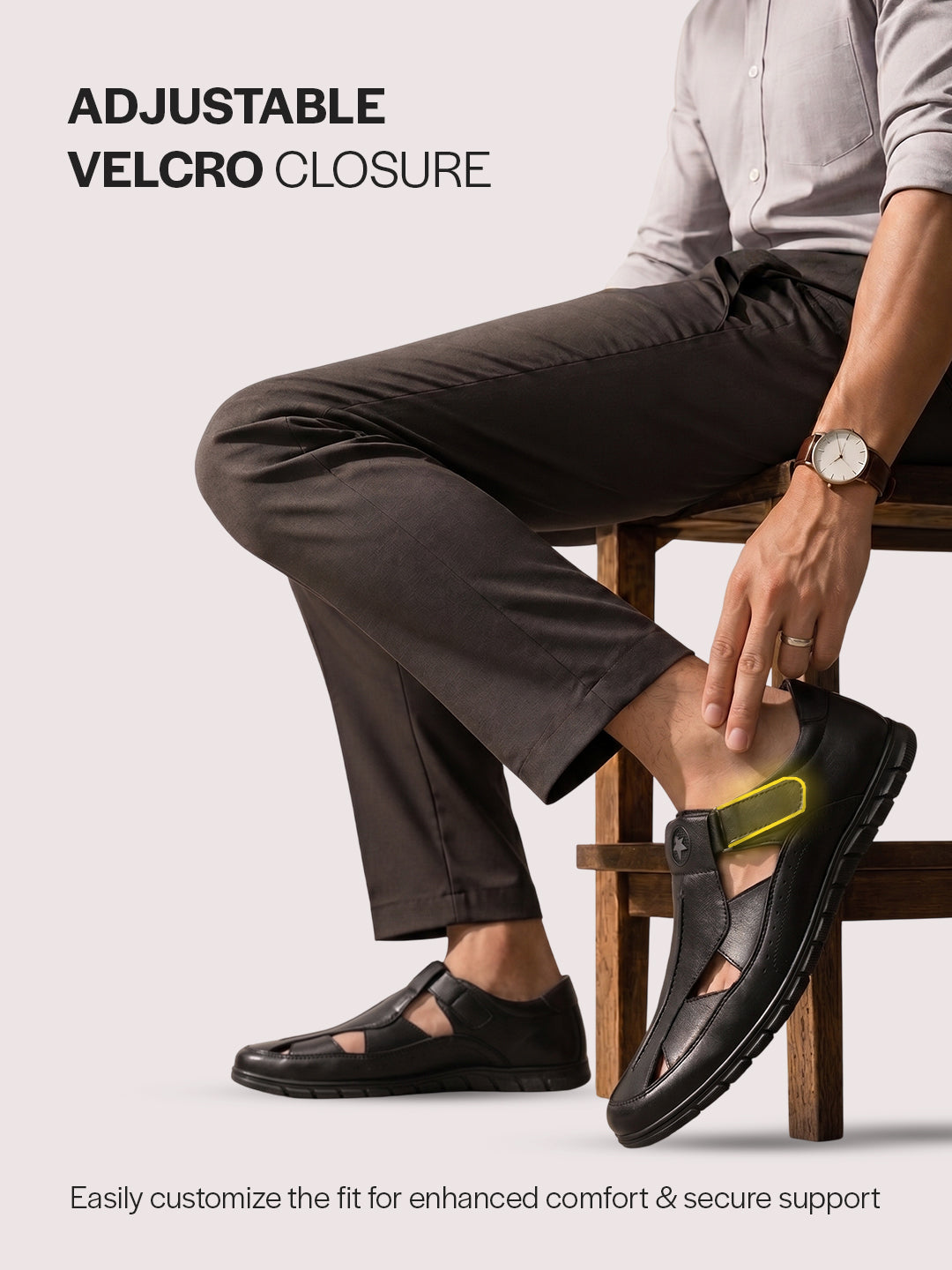 Men Black Genuine Leather Casual Hook & Loop Fisherman Sandals|Comfortable Walking Closed-Toe Summer Sandal with Breathable Cutouts|Perfect for Smart Casual, Sports, Traveling