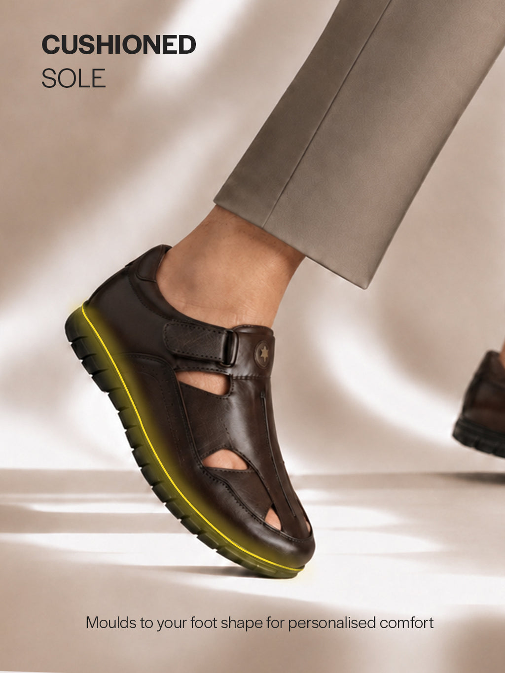 Men Brown Genuine Leather Casual Hook & Loop Fisherman Sandals|Comfortable Walking Closed-Toe Summer Sandal with Breathable Cutouts|Perfect for Smart Casual, Sports, Traveling