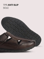 Men Brown Genuine Leather Casual Hook & Loop Fisherman Sandals|Comfortable Walking Closed-Toe Summer Sandal with Breathable Cutouts|Perfect for Smart Casual, Sports, Traveling