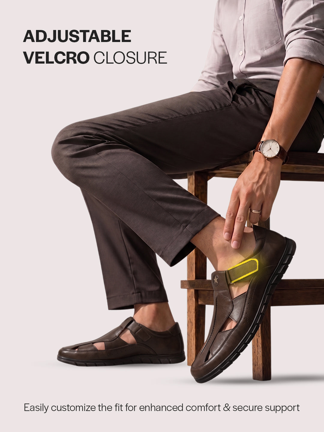 Men Brown Genuine Leather Casual Hook & Loop Fisherman Sandals|Comfortable Walking Closed-Toe Summer Sandal with Breathable Cutouts|Perfect for Smart Casual, Sports, Traveling