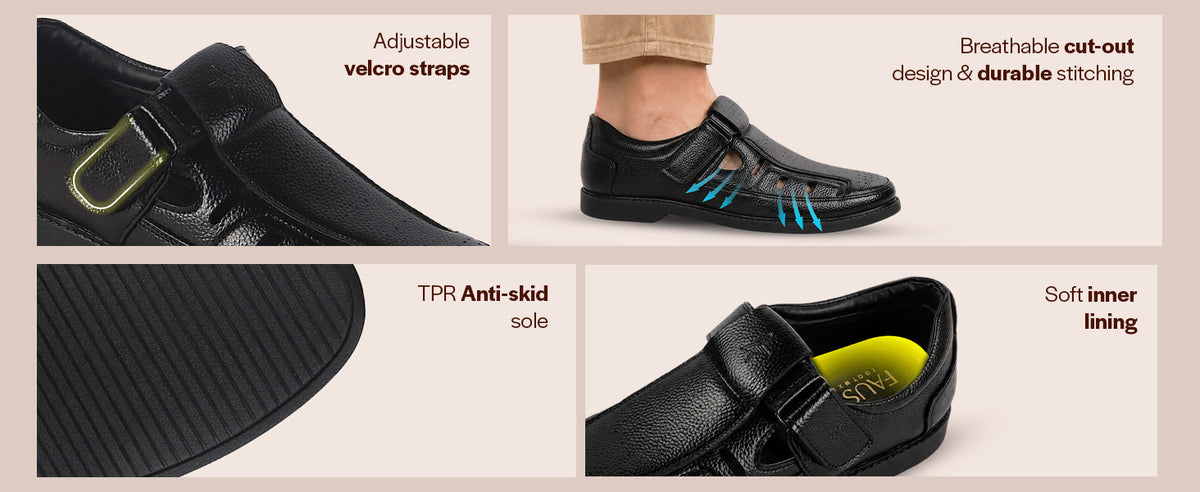 Men Black Office Summer Casual Closed-Toe Hook and Loop Dress Roman Sandals|Perforated Lightweight Slip-On Shoe Style Sandals for Outdoor, Travel Comfort|Anti Skid TPR Welted Sole