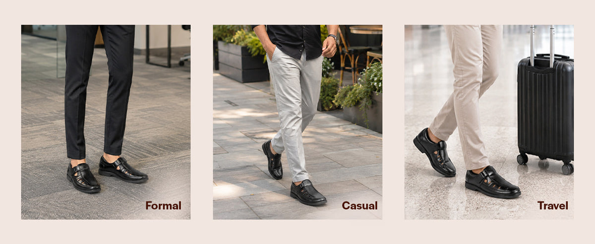 Men Black Office Summer Casual Closed-Toe Hook and Loop Dress Roman Sandals|Perforated Lightweight Slip-On Shoe Style Sandals for Outdoor, Travel Comfort|Anti Skid TPR Welted Sole