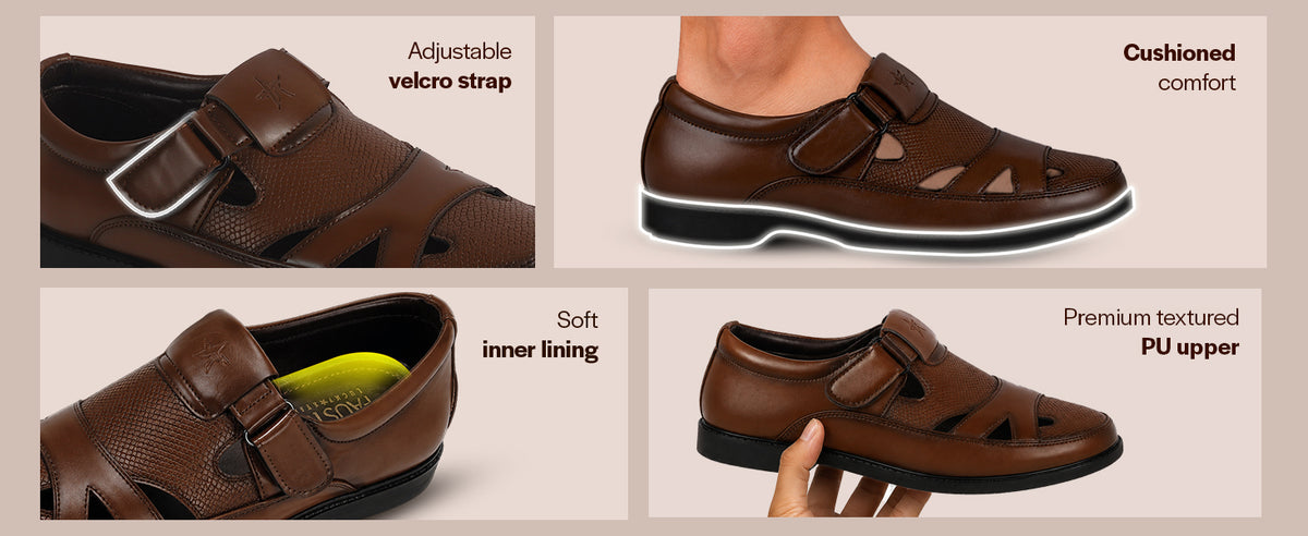 Men Tan Closed-Toe Hook and Loop Strap Summer Dress Shoe Style Sandals|Breathable Roman Sandals for Office, Travel, Casual|Slip Resitant TPR Welted Sole with Cushioned Insole