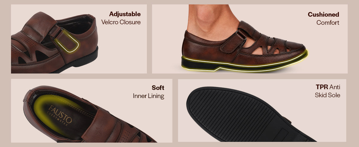 Men Black Office Summer Casual Closed-Toe Hook and Loop Fisherman Dress Sandals|Perforated Lightweight Shoe Style Roman Sandal for Travel, Festives|TPR Welted Anti Skid Sole