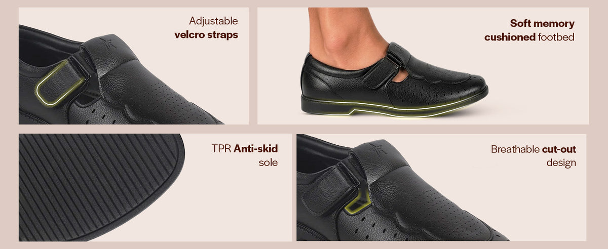 Men Black Laser Cut Perforated Hook & Loop Roman Sandals with TPR Welted Sole|Lightweight Shoe Style Sandal for Summer, Travel, Outdoor|Durable, Slip Resistant