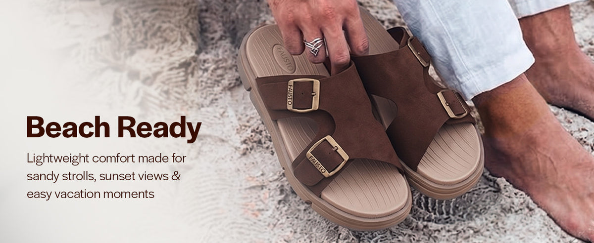 Men Tan Dual Strap Waterproof Open Toe Slide Sandal with Flexible EVA Pad Insole|Slip On Slippers for Summer, Monsoon, Travel, Outdoor|Anti Skid Durable EVA Sole