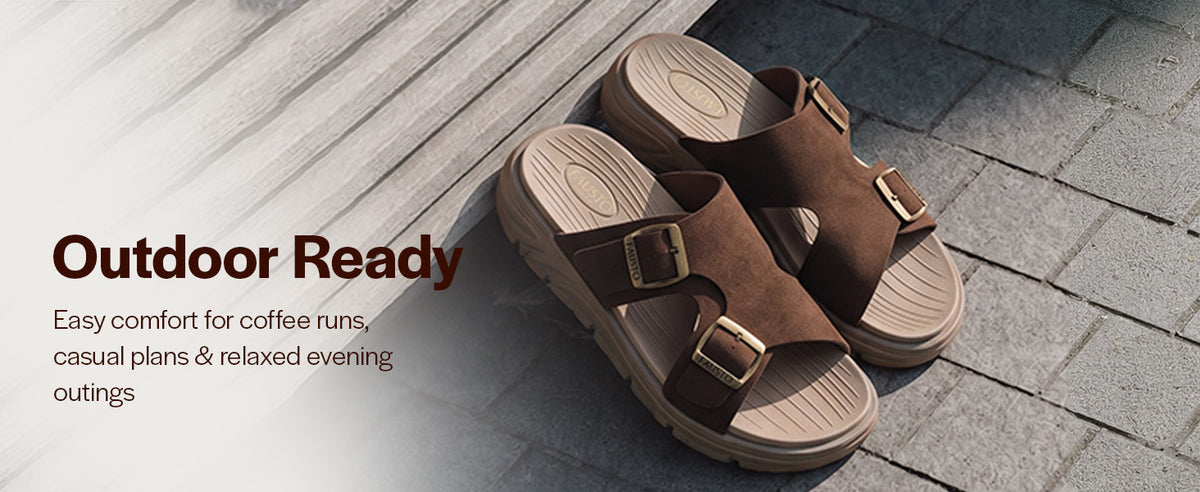 Men Tan Dual Strap Waterproof Open Toe Slide Sandal with Flexible EVA Pad Insole|Slip On Slippers for Summer, Monsoon, Travel, Outdoor|Anti Skid Durable EVA Sole
