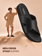 Men Black Criss Cross Strap Open Toe Sliders with Extra Soft Cushioned Footbed for All Day Comfort | Indoor, Travel, Walking Slipper with Slip Resistant Sole