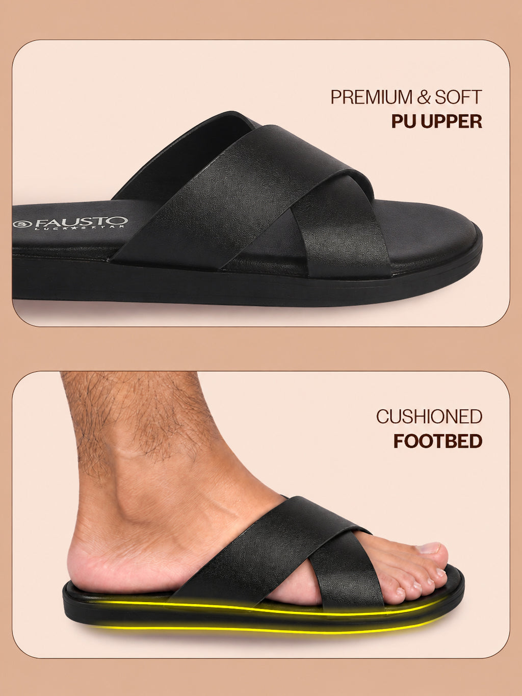 Men Black Criss Cross Strap Open Toe Sliders with Extra Soft Cushioned Footbed for All Day Comfort | Indoor, Travel, Walking Slipper with Slip Resistant Sole